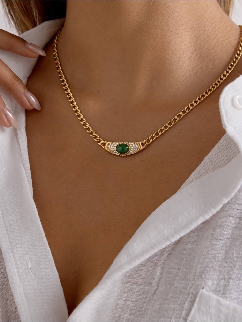 18K Gold Plated Green Stone & Cubic Zirconia Pendant Necklace
